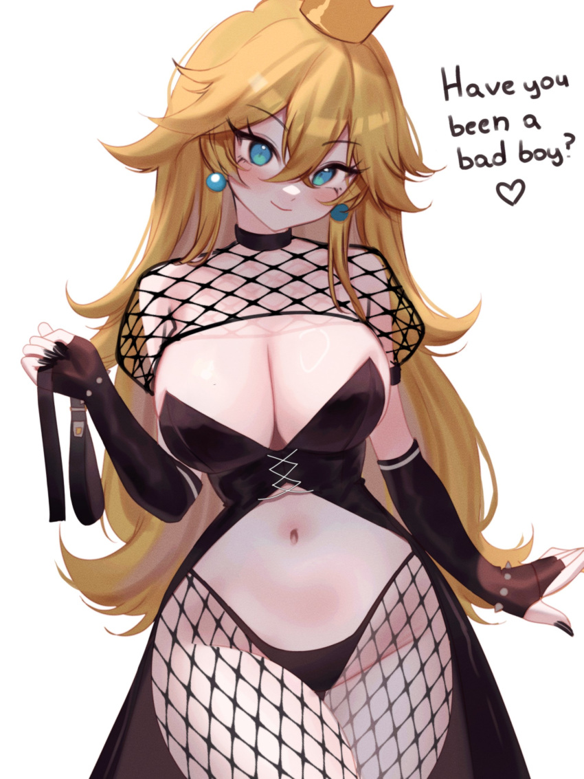 1girl absurdres black_choker black_nails blonde_hair blue_eyes blush breasts choker cleavage cowboy_shot crown ear_piercing earrings elbow_gloves english_text fingerless_gloves fishnet_pantyhose fishnet_top fishnets gloves goth_fashion heart highres holding holding_whip jewelry large_breasts long_hair looking_at_viewer mario_(series) midriff navel paid_reward_available pantyhose piercing princess_peach sky_above_me smile solo sphere_earrings spoken_heart