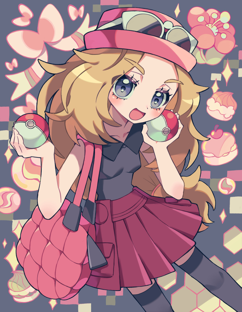 1girl :d bag blonde_hair blush breasts collared_shirt eyelashes grey_eyes handbag hands_up happy hat head_tilt highres holding holding_poke_ball long_hair makimi_(zmaru_111111) open_mouth pink_bag pink_headwear pleated_skirt poke_ball poke_ball_(basic) pokemon pokemon_xy serena_(pokemon) shirt skirt sleeveless sleeveless_shirt smile solo sunglasses thighhighs white-framed_eyewear