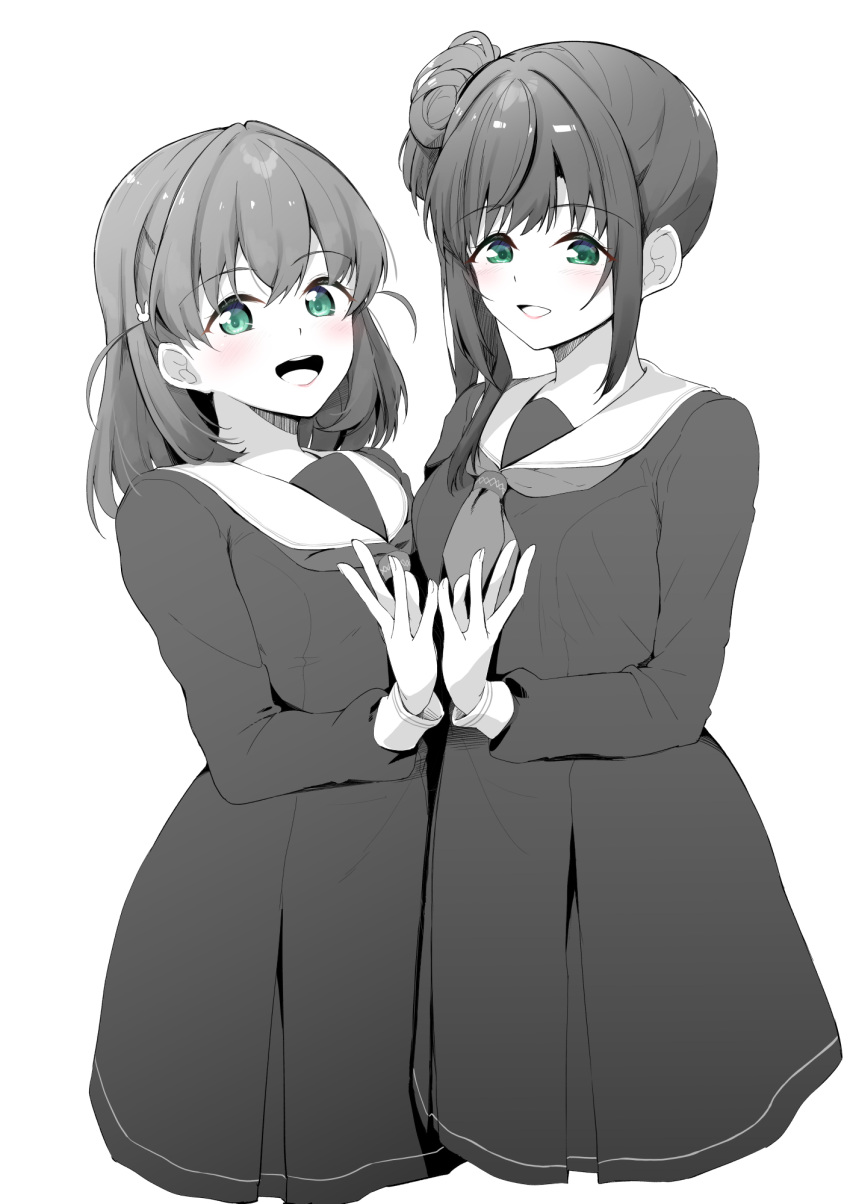 2girls :d breasts cerise_bouquet crossed_bangs dress green_eyes greyscale hair_bun hair_ornament hasu_no_sora_school_uniform hatching_(texture) highres hinoshita_kaho large_breasts light_blush linear_hatching link!_like!_love_live! long_hair long_sleeves looking_at_viewer love_live! medium_breasts medium_hair monochrome multiple_girls neckerchief open_mouth otomune_kozue parisnoko pleated_dress rabbit_hair_ornament sailor_dress school_uniform side_ahoge side_ponytail sidelocks single_side_bun smile spot_color upper_body winter_uniform