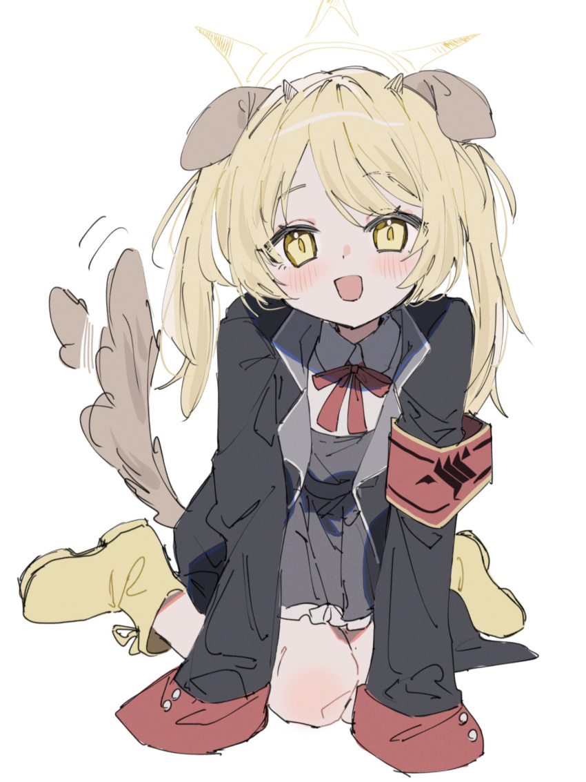 1girl :d animal_ears armband black_coat blonde_hair blue_archive blush boots brown_tail coat commentary_request dog_ears dog_tail dress full_body grey_dress halo highres horns ibuki_(blue_archive) kemonomimi_mode neck_ribbon noyama_(prosiuttooishi) open_mouth pinafore_dress red_ribbon ribbon rubber_boots simple_background sleeveless sleeveless_dress sleeves_past_fingers sleeves_past_wrists smile solo tail twintails white_background yellow_eyes yellow_footwear