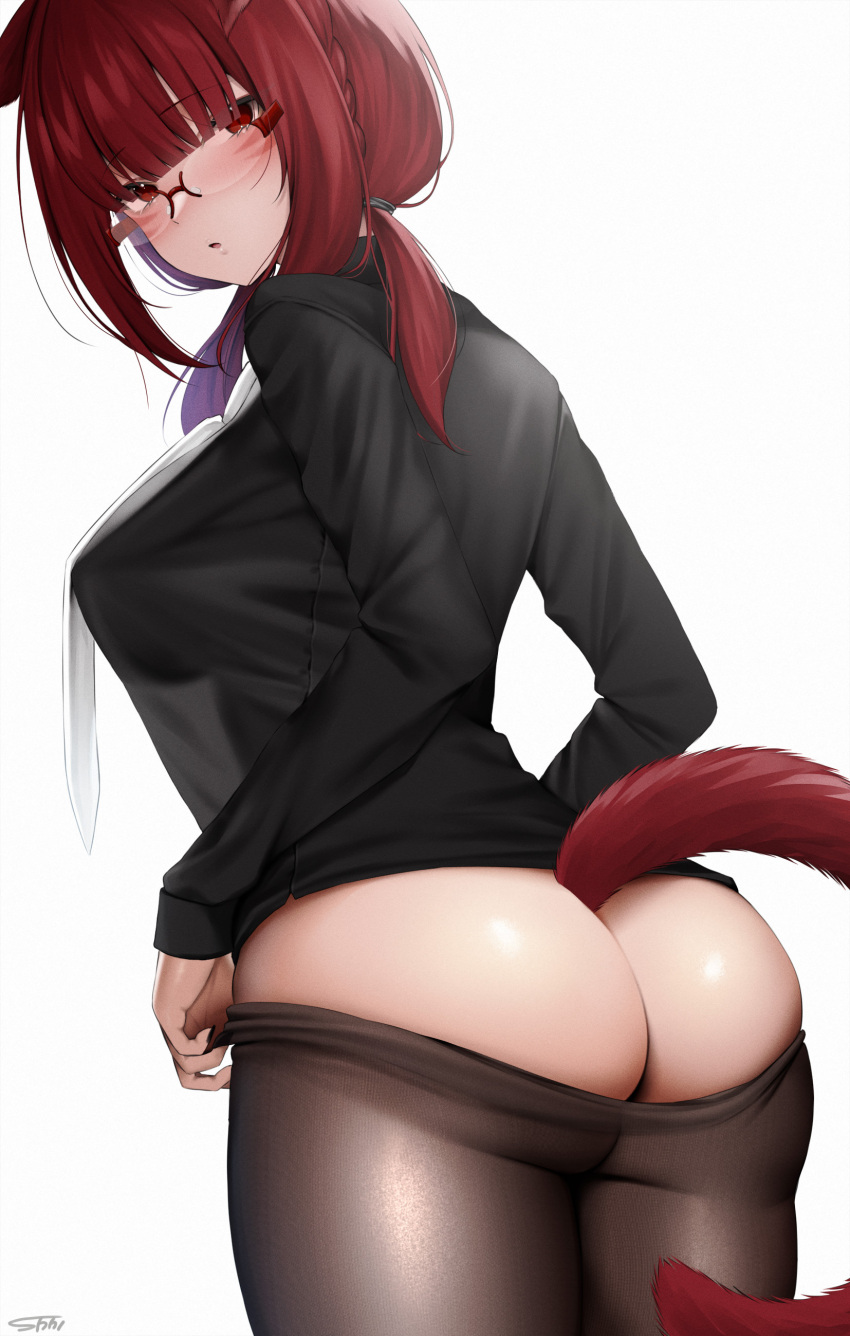 1girl absurdres animal_ears ass black_pantyhose breasts cat_ears cat_tail dutch_angle facial_mark final_fantasy final_fantasy_xiv from_behind glasses highres large_breasts long_hair looking_at_viewer miqo'te no_bra no_panties pantyhose red_eyes red_hair semi-rimless_eyewear shhilee solo tail warrior_of_light_(ff14) whisker_markings white_background
