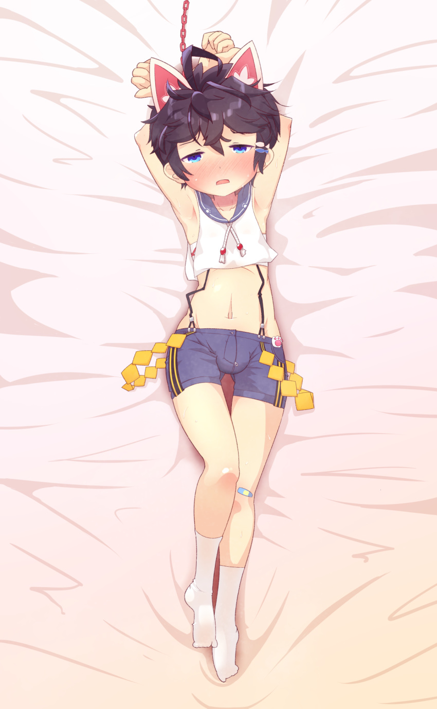 1boy ahoge animal_ears arms_behind_head bandaid blue_eyes blue_hair blush bulge cat_ears dakimakura hair_between_eyes highres ichinose_sora irony-san mahjong_soul navel on_bed pants sailor_collar short_shorts shorts socks solo suspender_shorts suspenders tight tight_pants white_legwear