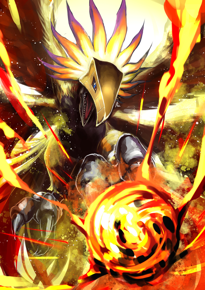 152_in_can absurdres beak bird blue_eyes digimon digimon_(creature) feathered_wings feathers fire fireball helmet highres hououmon multiple_wings no_humans phoenix sharp_teeth signature talons teeth wings yellow_feathers
