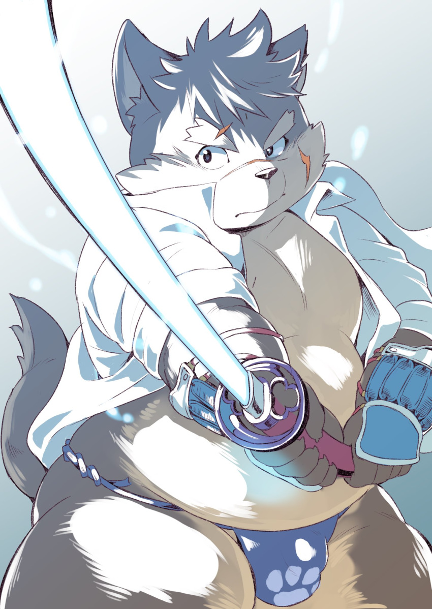 anthro asian_clothing belly bulge canid canine canis clothing domestic_dog east_asian_clothing fundoshi hi_res japanese_clothing katana male mammal maru_707 melee_weapon moritaka musclegut nipples pecs scar slightly_chubby solo sword tokyo_afterschool_summoners underwear video_games weapon