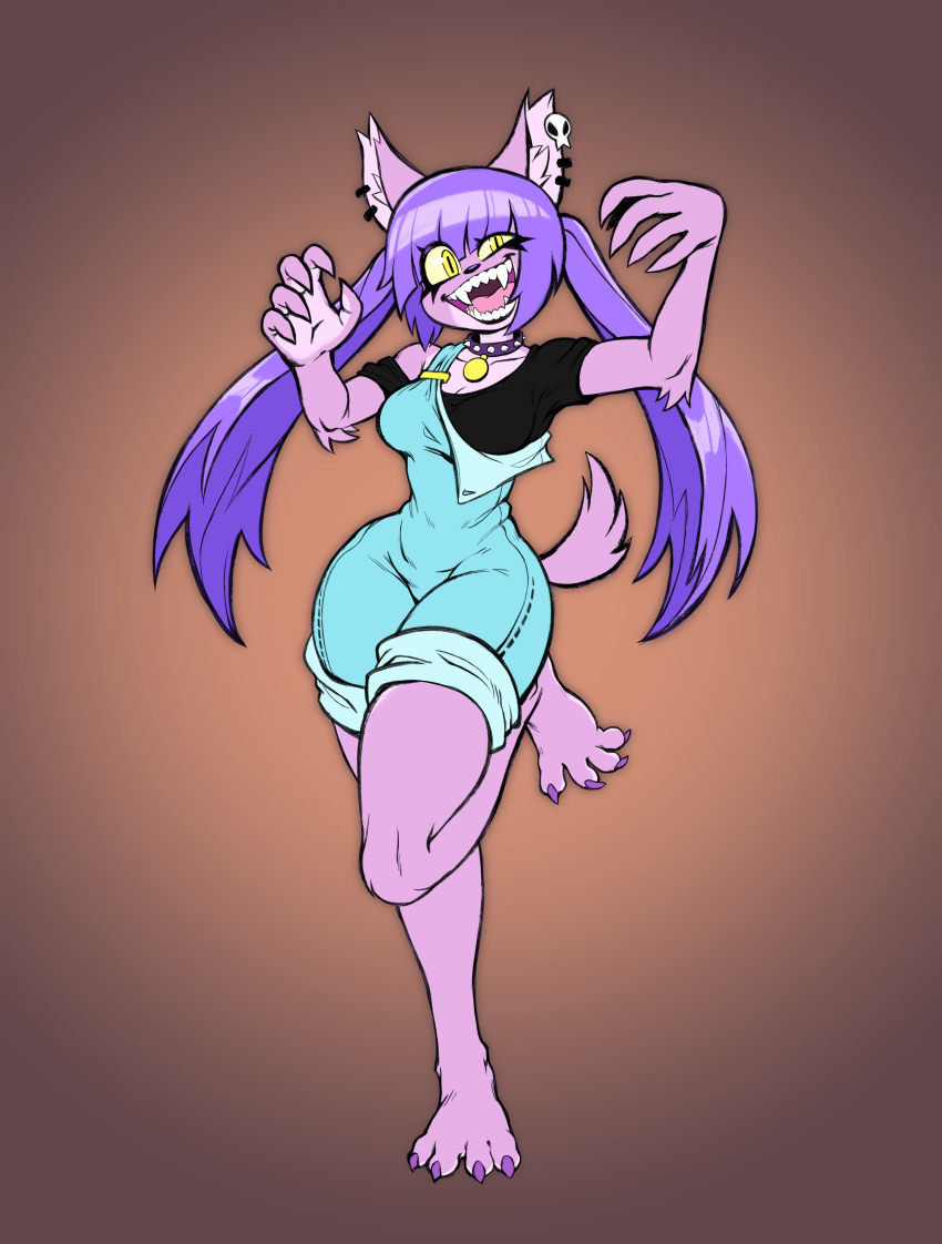 4_toes absurd_res anthro canid canine clothing collar ear_piercing fangs female fur goodbadartist hair hi_res mammal overalls piercing pigtails purple_body purple_fur purple_hair sharp_teeth solo teeth toes vivian_varker_(herny) were werecanid werecanine werewolf yellow_eyes