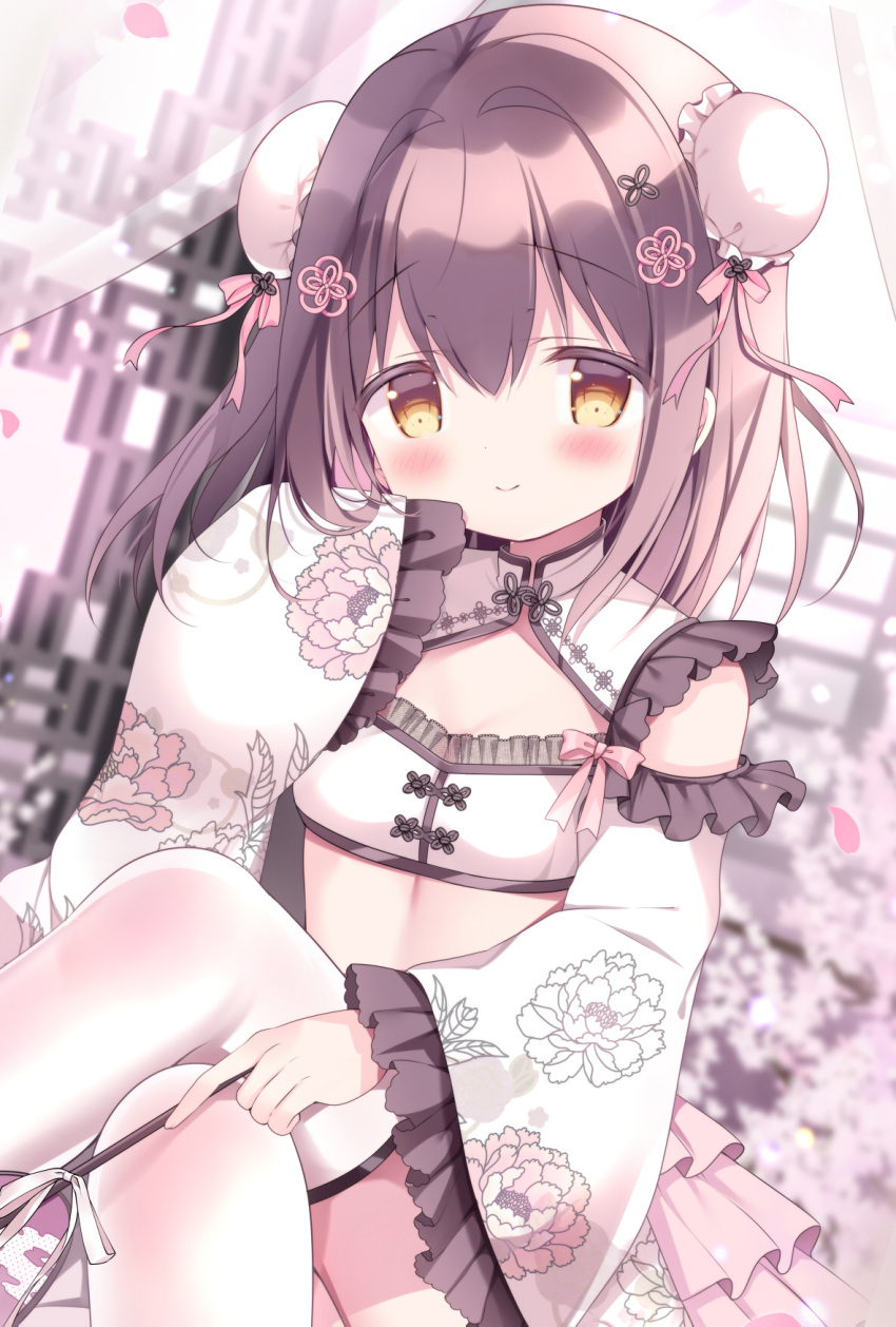 1girl azumi_kazuki blurry blurry_background blush breasts brown_eyes brown_hair bun_cover chinese_clothes closed_mouth commentary_request crossed_legs curtains depth_of_field double_bun feet_out_of_frame floral_print frilled_sleeves frills hair_between_eyes hair_bun hair_intakes highres long_hair long_sleeves looking_at_viewer original petals print_sleeves sitting sleeves_past_fingers sleeves_past_wrists small_breasts smile solo thighhighs transparent white_thighhighs wide_sleeves