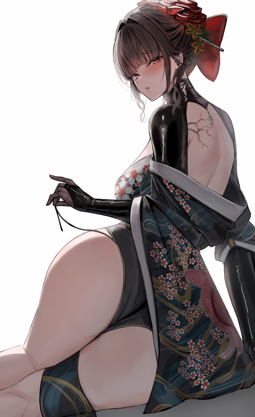 1boy 1girl absurdres ass back_tattoo bare_shoulders breasts brown_hair character_request check_character dark-skinned_female dark_skin goddess_of_victory:_nikke hair_ornament hana_hebi highres japanese_clothes kimono large_breasts long_hair looking_at_viewer noir_(nikke) pink_eyes tattoo thighs white_background