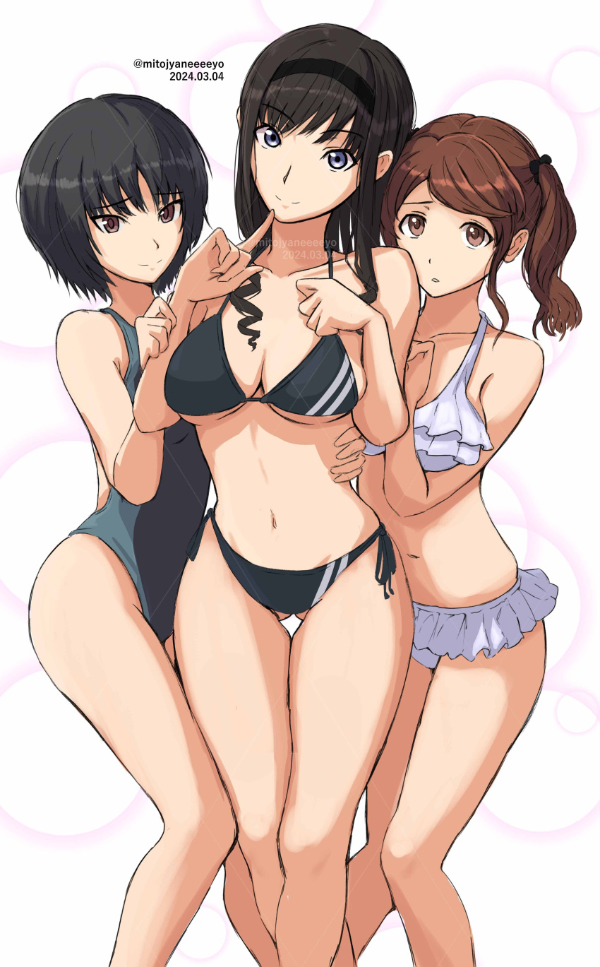 3girls absurdres amagami ass_visible_through_thighs bikini bikini_skirt black_bikini black_hair black_hairband black_one-piece_swimsuit blue_eyes breasts brown_eyes brown_hair cleavage dated drill_hair feet_out_of_frame frilled_bikini frills hairband hands_on_own_chest highres long_hair medium_breasts mitojyaneeeeyo morishima_haruka multiple_girls nakata_sae nanasaki_ai one-piece_swimsuit short_hair side-tie_bikini_bottom standing swimsuit thigh_gap twintails twitter_username two-tone_swimsuit white_bikini