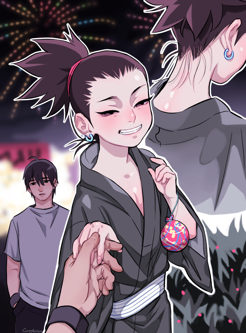 2boys age_difference blush brown_eyes brown_hair earrings fireworks gogglesyo grin highres holding_hands japanese_clothes jewelry kimono looking_at_viewer male_focus multiple_boys nara_shikamaru naruto naruto_(series) night outdoors ponytail smile spiked_hair tanabata