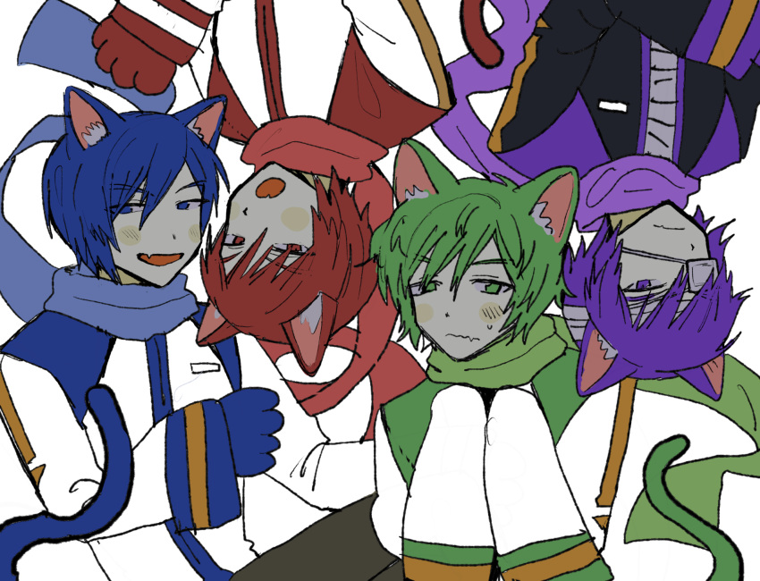 4boys akaito animal_ears animal_hands bandaged_head bandages black_coat blue_eyes blue_hair blue_scarf blush_stickers brothers cat_boy cat_ears cat_tail coat commentary eyepatch fang fuyuno_(ramentaro23) green_eyes green_hair hand_up hands_up highres kaito_(vocaloid) kemonomimi_mode lineup looking_at_viewer looking_to_the_side male_focus multicolored_coat multiple_boys muted_color nigaito open_mouth own_hands_together purple_eyes purple_hair purple_scarf red_eyes red_hair red_scarf rotational_symmetry scarf short_hair siblings simple_background skin_fang sleeve_cuffs sweatdrop tail taito_(vocaloid) upper_body very_long_sleeves vocaloid white_background white_coat