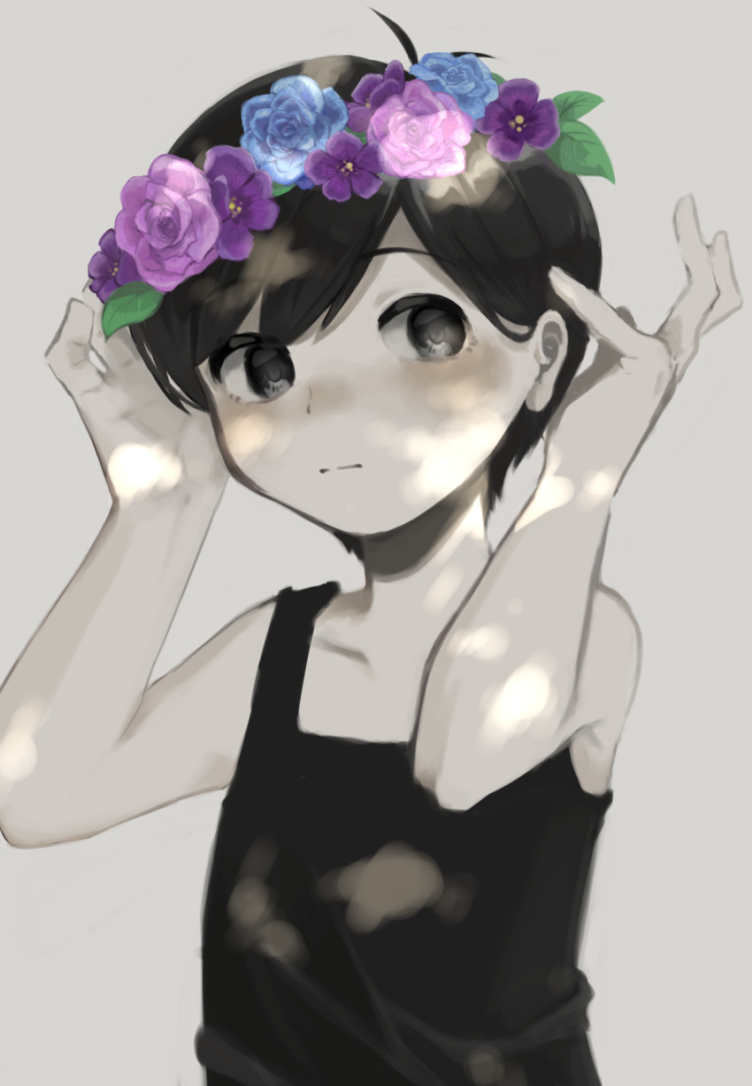 1boy antenna_hair bare_shoulders black_eyes black_hair black_tank_top blue_flower blush closed_mouth collarbone colored_skin flower grey_background hands_up head_wreath highres omori omori_(omori) purple_flower short_hair sleeveless solo tank_top white_skin yo_amadamari