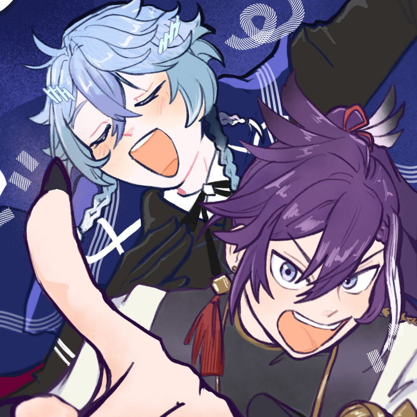 2boys arm_up banzoin_hakka banzoin_hakka_(1st_costume) black_bow black_bowtie black_gloves blue_eyes blue_hair bow bowtie closed_eyes earrings english_commentary feather_hair_ornament feathers gloves gradient_hair hair_between_eyes hair_ornament hairpin highres holostars holostars_english inchells jewelry long_hair looking_at_viewer multicolored_hair multiple_boys music octavio open_mouth pointing purple_hair short_hair singing streaked_hair tassel tassel_earrings teeth tri_braids two-tone_hair upper_body upper_teeth_only virtual_youtuber white_hair