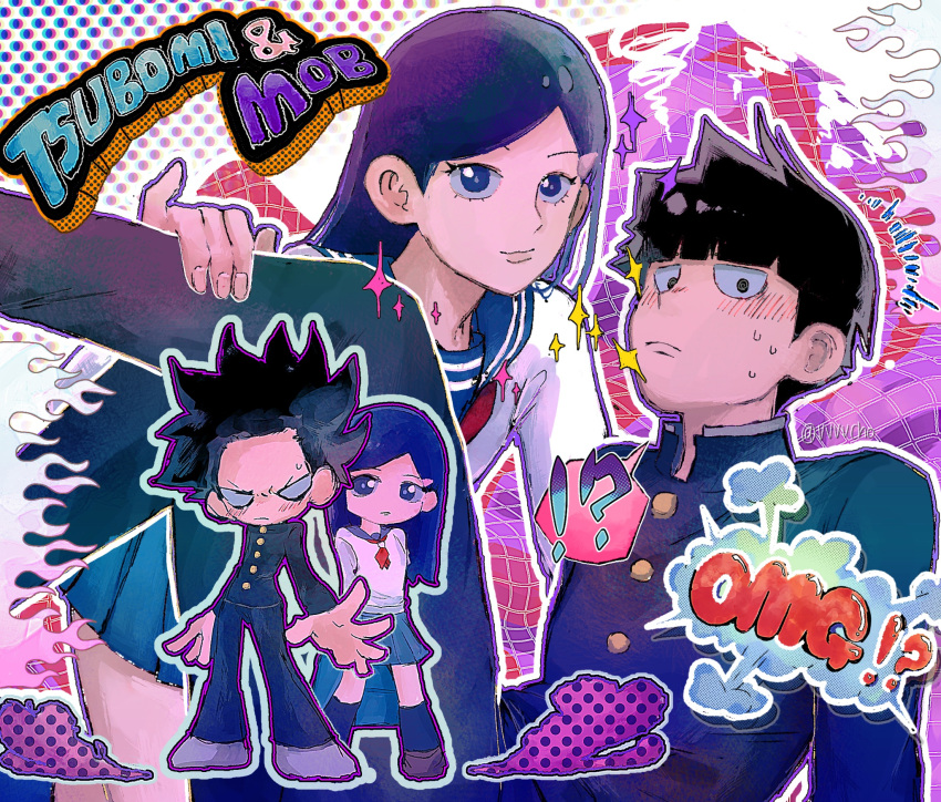 !? 1boy 1girl black_hair blue_eyes blue_hair blush character_request closed_mouth commentary_request gakuran grid_background hand_on_another's_leg highres kageyama_shigeo long_hair looking_at_viewer mob_psycho_100 polka_dot polka_dot_background school_uniform serafuku shirt short_hair skirt sparkle takane_tsubomi vvvvcho white_shirt