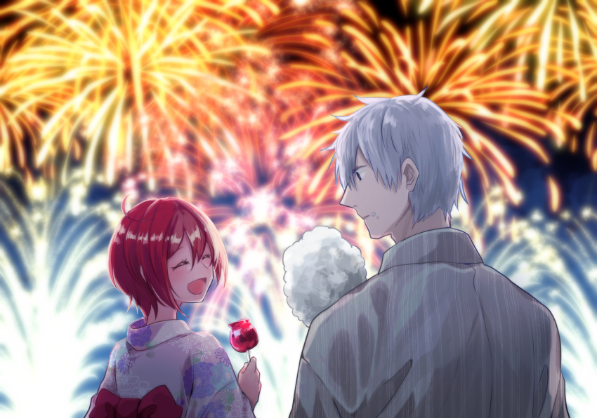 1boy 1girl :d ae-3803 ahoge black_eyes black_sky blurry blurry_background bow candy_apple closed_eyes commentary_request cotton_candy couple depth_of_field empty_eyes facing_another fireworks food from_behind grey_kimono hair_between_eyes hataraku_saibou highres holding holding_food japanese_clothes kimono looking_at_another looking_to_the_side n_yukiura night night_sky obi open_mouth outdoors pale_skin purple_kimono red_blood_cell_(hataraku_saibou) red_bow red_hair red_sash sash short_hair sky smile summer u-1146 white_blood_cell_(hataraku_saibou) white_hair yukata