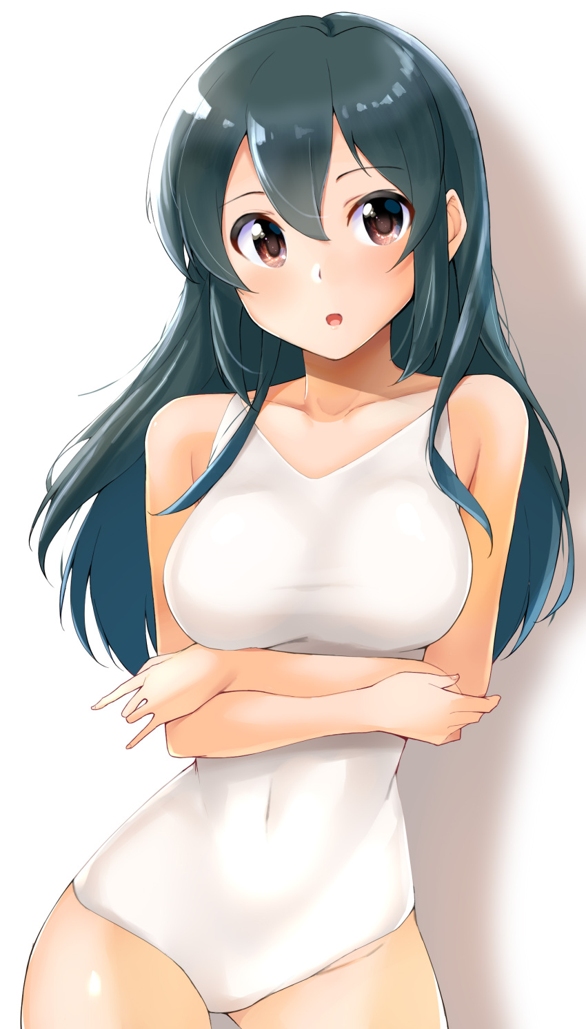 1girl absurdres arms_under_breasts bare_shoulders blush breasts brown_eyes collarbone covered_navel cowboy_shot dot_nose green_hair highres idolmaster idolmaster_cinderella_girls idolmaster_cinderella_girls_starlight_stage kon5283 long_hair looking_at_viewer medium_breasts ohishi_izumi one-piece_swimsuit open_mouth simple_background solo standing swimsuit white_background white_one-piece_swimsuit