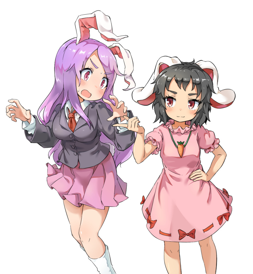 2girls aika_(cookie) animal_ears berazasu black_hair black_jacket blazer blush breasts carrot_necklace closed_mouth collared_shirt commentary_request cookie_(touhou) dress feet_out_of_frame floppy_ears frilled_sleeves frills hand_on_own_hip highres hisui_(cookie) inaba_tewi jacket jewelry long_hair long_sleeves looking_at_another looking_to_the_side medium_breasts multiple_girls necklace necktie open_mouth pink_dress pink_eyes pink_skirt pleated_skirt puffy_short_sleeves puffy_sleeves purple_hair rabbit_ears rabbit_girl rabbit_tail red_eyes red_necktie reisen_udongein_inaba ribbon-trimmed_dress shirt short_hair short_sleeves simple_background skirt small_breasts smile swept_bangs tail touhou very_long_hair white_background white_shirt