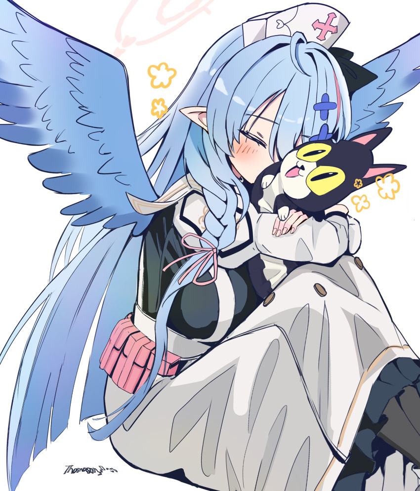 1girl absurdres ahoge black_pantyhose black_shirt blue_archive blue_hair blue_wings blush breasts buttons closed_eyes crossed_arms double-breasted feathered_wings feet_out_of_frame from_side hair_between_eyes hair_ornament hat highres hugging_object large_breasts long_hair long_skirt long_sleeves mine_(blue_archive) nurse_cap pantyhose pointy_ears sailor_collar shirt simple_background sitting skirt solo straight_hair stuffed_animal stuffed_cat stuffed_toy thomason366 very_long_hair white_background white_sailor_collar white_skirt wings