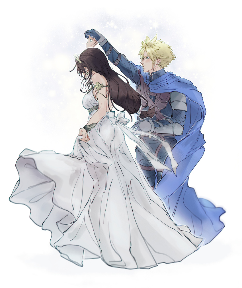 1boy 1girl absurdres armlet blonde_hair blue_cape bracelet cape cloud_strife dancing dress final_fantasy final_fantasy_vii final_fantasy_vii_rebirth final_fantasy_vii_remake highres jewelry long_hair low-tied_long_hair official_art pudelmudel simple_background spiked_hair tiara tifa_lockhart twirl white_background white_dress