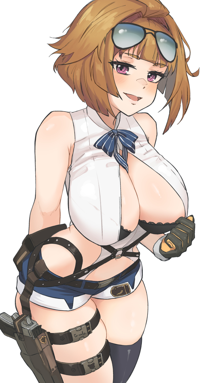 1girl absurdres black_bra black_gloves black_thighhighs blue_bow bow bra breasts brown_hair cowboy_shot english_commentary eyewear_on_head girls'_frontline gloves grizzly_mkv_(girls'_frontline) grizzly_win_mag gun hair_intakes handgun highres holstered large_breasts looking_at_viewer open_mouth paid_reward_available purple_eyes radioneet short_hair short_shorts shorts smile solo sunglasses thighhighs two-tone_gloves underwear weapon yellow_gloves