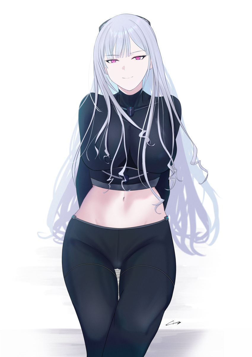 1girl absurdres ak-12_(girls'_frontline) arms_behind_back black_pants box breasts closed_mouth cowboy_shot crop_top gincho girls'_frontline grey_hair highres large_breasts long_hair looking_at_viewer midriff navel pants simple_background smile solo straight-on thigh_gap white_background