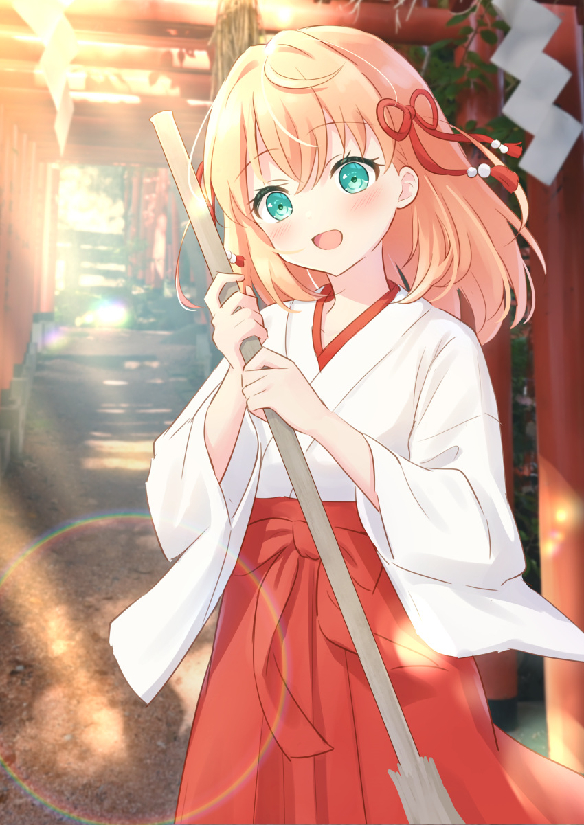 1girl :d absurdres aqua_eyes broom chihaya_(clothing) hair_ornament hakama hakama_skirt highres hinoshita_kaho holding holding_broom japanese_clothes kimono link!_like!_love_live! long_sleeves looking_at_viewer love_live! medium_hair miko multiple_torii open_mouth orange_hair red_hakama skirt smile solo soramizuki torii white_kimono wide_sleeves