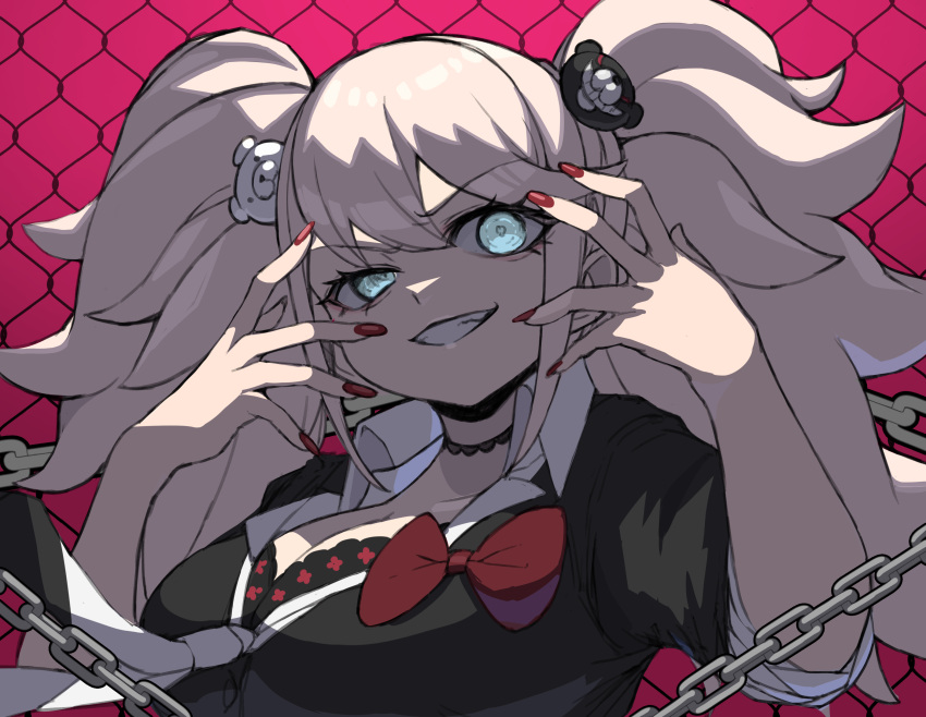 1girl absurdres bear_hair_ornament black_bra black_shirt blonde_hair bow bra breasts chain cleavage collarbone danganronpa:_trigger_happy_havoc danganronpa_(series) enoshima_junko grey_eyes grin hair_ornament hands_up highres large_breasts nail_polish pink_background ranf red_bow red_nails shirt smile solo teeth twintails underwear