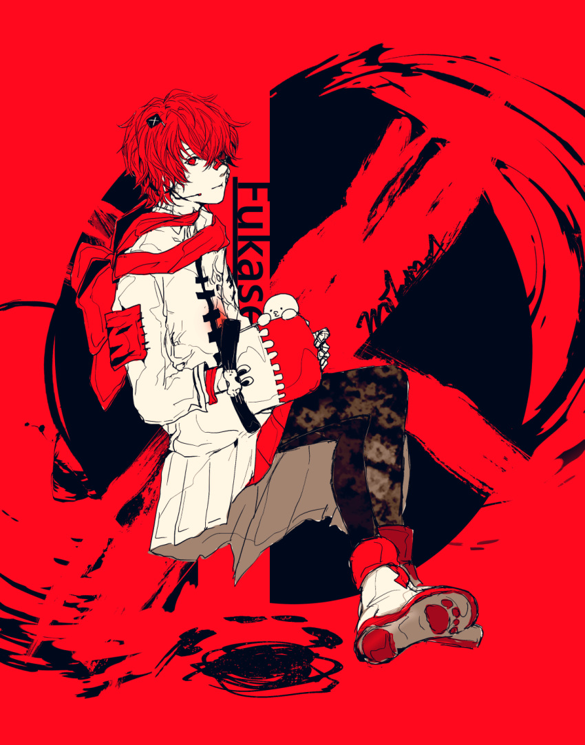 1boy 3kuma black_pants character_name coat crossed_legs flag fukase headset highres looking_at_viewer looking_to_the_side male_focus pants point_(vocaloid) red_background red_eyes red_hair red_scarf scarf sitting vocaloid white_coat