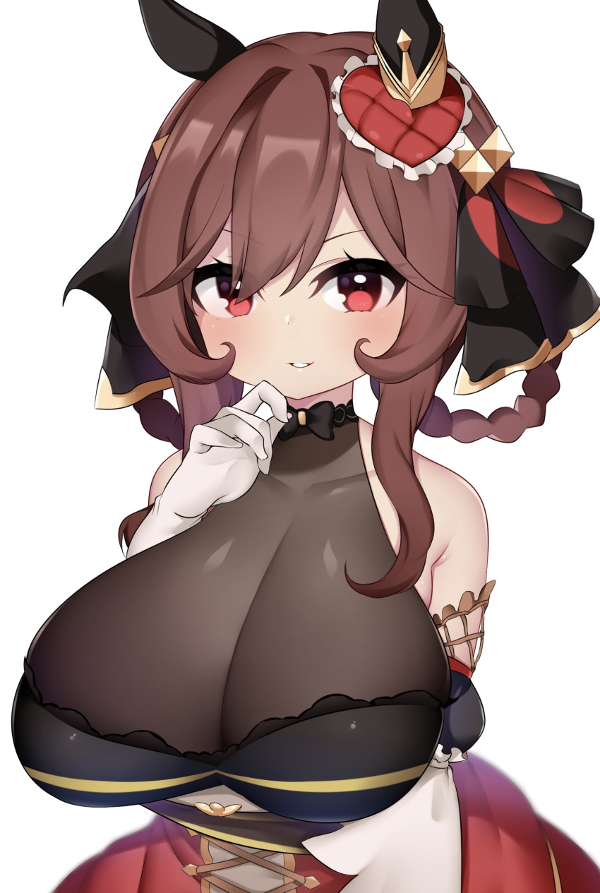 1girl animal_ears bare_shoulders breasts brown_hair cleavage collarbone commentary_request ear_covers ear_ornament furaggu gentildonna_(umamusume) gloves hair_between_eyes hair_ornament hair_rings highres horse_ears horse_girl large_breasts long_hair looking_at_viewer medium_hair red_eyes see-through see-through_cleavage simple_background smile solo umamusume white_background white_gloves