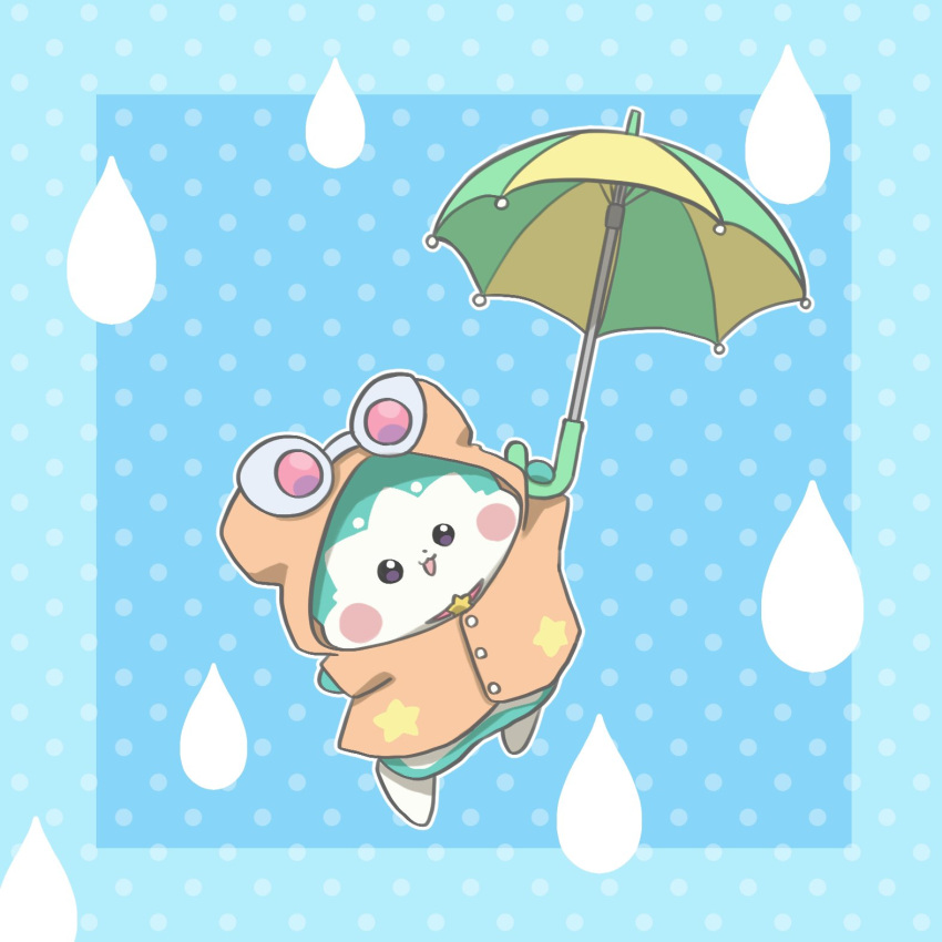 :3 animal animal_focus blue_background blush_stickers chii_(chi_pppuri) chimumu chimumu_(hamster) clothed_animal collar commentary_request full_body green_umbrella hamster highres holding holding_umbrella hood hood_up looking_at_viewer no_humans open_mouth outline pink-tinted_eyewear polka_dot polka_dot_background pretty_series raincoat red_collar smile solo star_(symbol) tinted_eyewear umbrella waccha_primagi! water_drop white-framed_eyewear white_outline