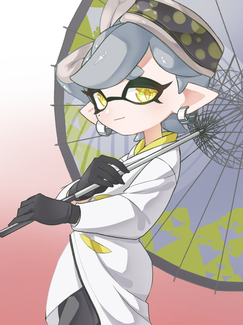 1girl black_gloves black_pantyhose bow-shaped_hair coat earrings gloves grey_hair highres holding holding_umbrella inkling jewelry light_smile marie_(splatoon) mole mole_under_eye pantyhose short_hair solo splatoon_(series) splatoon_3 star-shaped_pupils star_(symbol) symbol-shaped_pupils tentacle_hair umbrella user_nakaling white_coat yellow_eyes