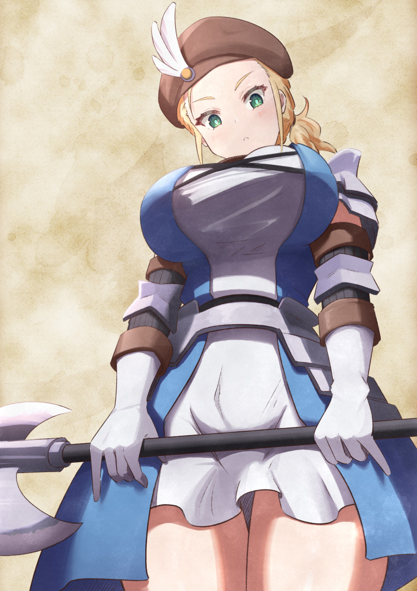 1girl :&lt; armor armored_dress beret blonde_hair blush breasts brown_headwear character_request closed_mouth commentary_request dress fantasy forehead from_below gloves green_eyes halberd hat hat_feather highres holding holding_weapon large_breasts looking_at_viewer looking_down medium_hair polearm scopedog_12 shoulder_armor simple_background solo standing thighs unicorn_overlord weapon white_dress white_gloves