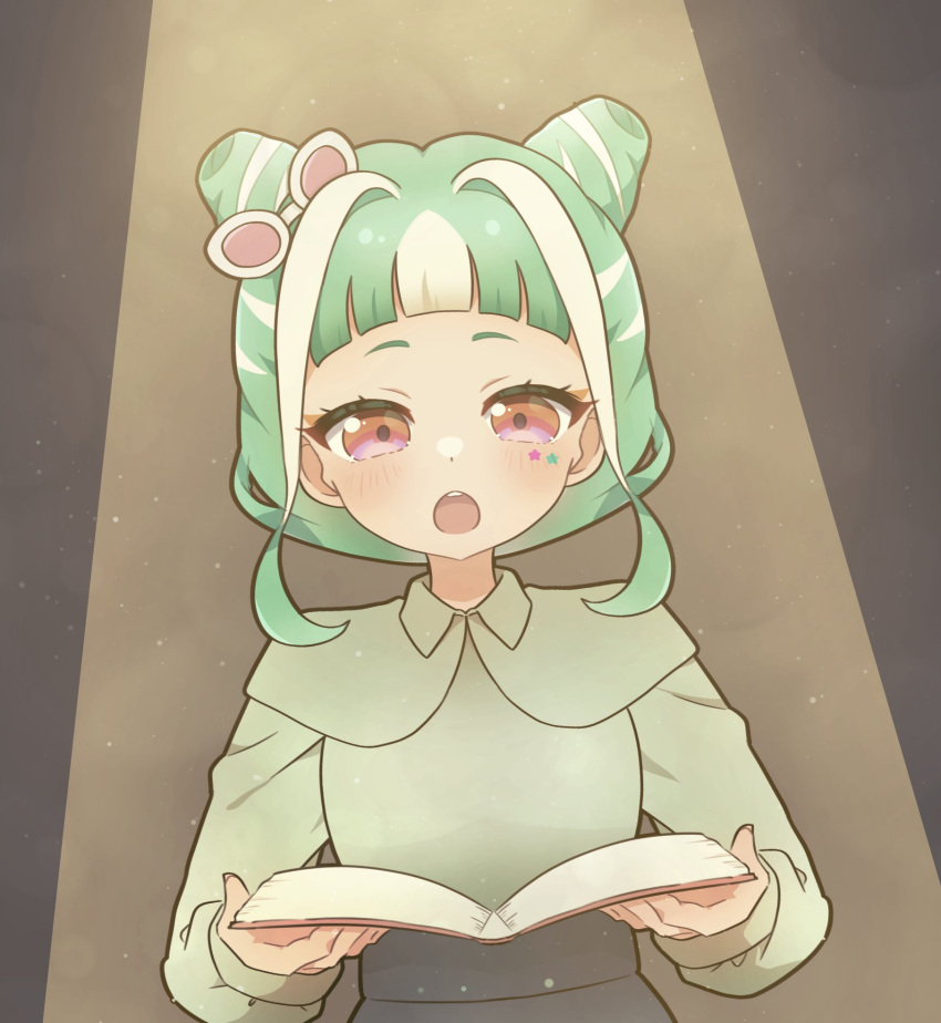 1girl :o blunt_bangs book brown_background chii_(chi_pppuri) chimumu collared_shirt commentary_request cone_hair_bun double_bun green_hair green_shirt hair_bun hands_up highres holding holding_book light_particles long_sleeves multicolored_hair open_book open_mouth pretty_series reading red_eyes shirt short_hair sidelocks solo spotlight star_sticker streaked_hair sunglasses upper_body waccha_primagi! white_hair