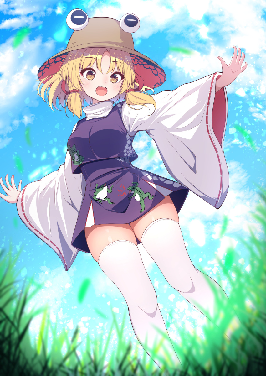 1girl absurdres blue_sky blush brown_headwear commentary_request darumoon feet_out_of_frame grass highres long_sleeves looking_at_viewer medium_hair moriya_suwako open_mouth outdoors ribbon-trimmed_sleeves ribbon_trim sidelocks sky solo thighhighs thighs touhou white_thighhighs wide_sleeves yellow_eyes