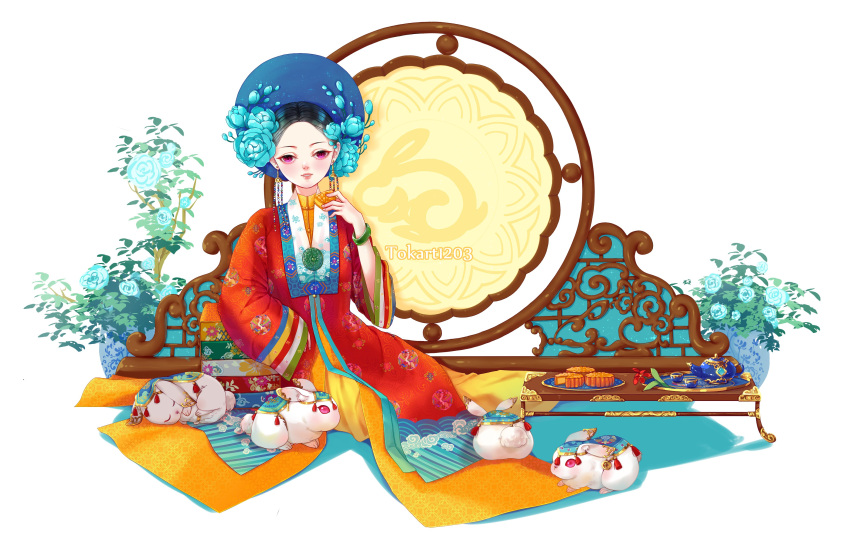 absurdres ao_nhat_binh black_hair blue_flower flower hair_flower hair_ornament highres khan_van leaf mooncake original patterned_clothing rabbit red_eyes short_hair sitting table tokart1203 vase vietnam vietnamese_clothes vietnamese_dress white_background