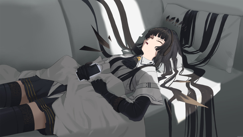 1girl arknights ascot black_ascot black_gloves black_hair black_skirt black_thighhighs blunt_bangs closed_eyes commentary couch cowboy_shot day elbow_gloves gloves hair_spread_out headphones highres indoors jacket legs_apart listening_to_music long_hair long_sleeves lying miniskirt northkiyou on_back open_mouth pillow pleated_skirt screen_light shadow skirt sleeping solo straight_hair thighhighs very_long_hair virtuosa_(arknights) white_jacket wings zettai_ryouiki