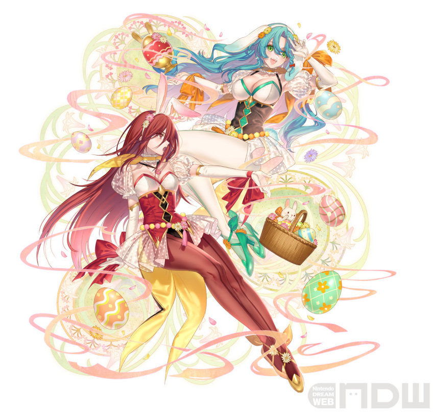 2girls animal_ears aqua_hair artist_request basket chloe_(fire_emblem) detached_sleeves fake_animal_ears fire_emblem fire_emblem_awakening fire_emblem_engage gloves green_eyes long_hair long_sleeves multiple_girls official_art pantyhose puffy_short_sleeves puffy_sleeves rabbit_ears red_eyes red_hair red_pantyhose severa_(fire_emblem) short_sleeves simple_background smile very_long_hair white_background white_gloves white_pantyhose