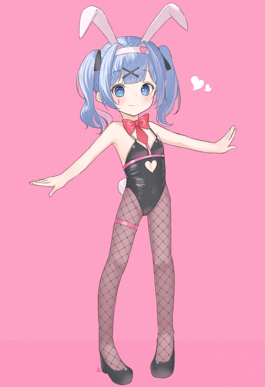 1girl absurdres aged_down animal_ears bare_shoulders black_leotard blue_eyes blue_hair blush bow bowtie clothing_cutout fake_animal_ears fishnet_pantyhose fishnets flat_chest full_body hair_ornament hatsune_miku heart highres leotard looking_at_viewer outstretched_arms pantyhose pink_background pink_pupils playboy_bunny rabbit_ears rabbit_hole_(vocaloid) ribbon smile solo spread_arms stomach_cutout tachibana_shiori_(suica_112) teardrop_facial_mark twintails vocaloid x_hair_ornament