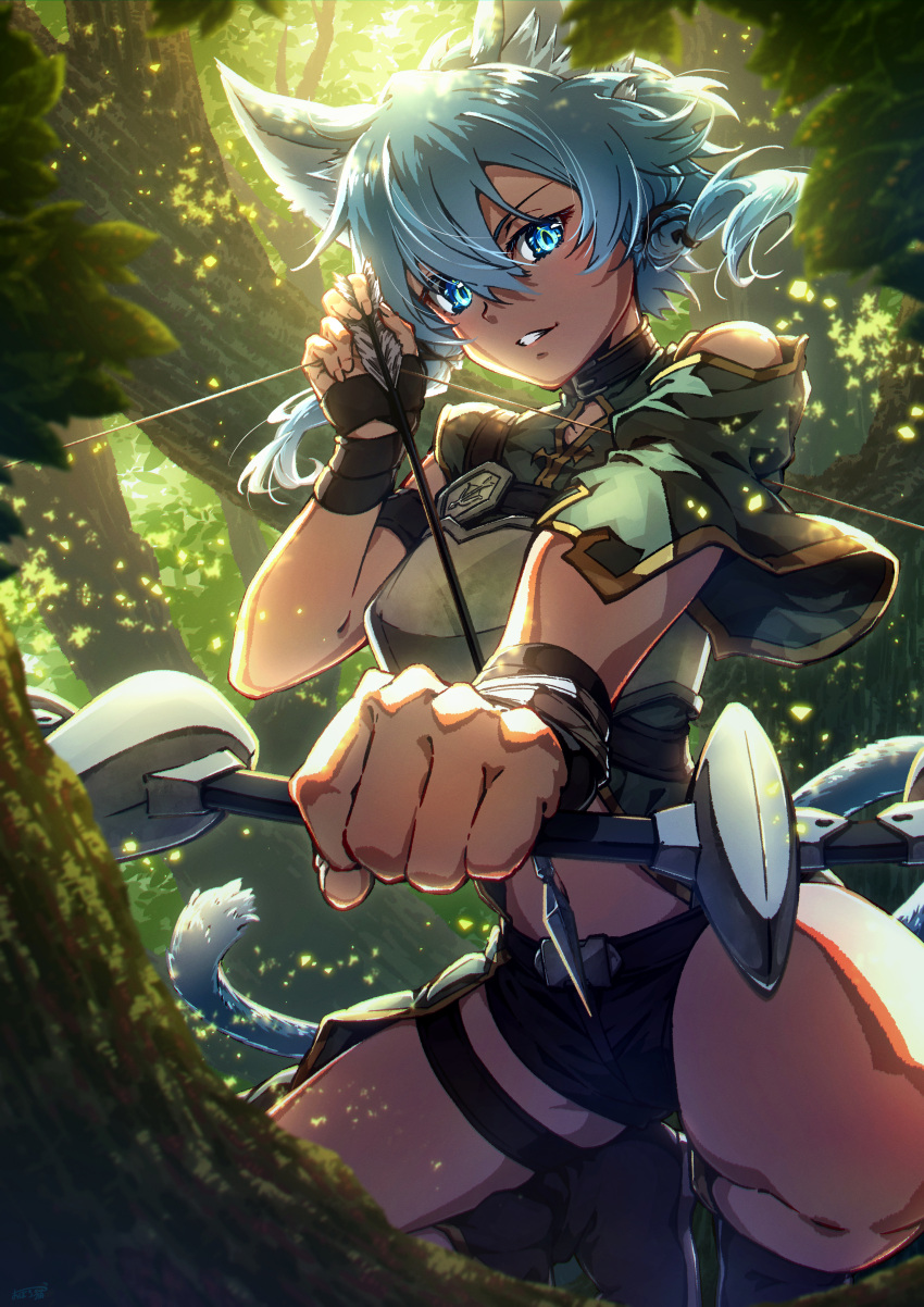 1girl absurdres aiming aiming_at_viewer animal_ears armor arrow_(projectile) black_shorts blue_eyes blue_hair bow_(weapon) cat_ears cat_girl cat_tail commentary_request drawing_bow fairy_(sao) grin hair_between_eyes highres holding holding_arrow holding_bow_(weapon) holding_weapon in_tree looking_at_viewer oboro_neko outdoors short_hair_with_long_locks short_shorts shorts sinon sinon_(sao-alo) smile solo sword_art_online tail tree weapon