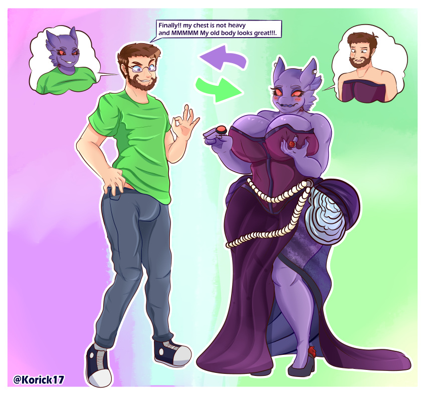 absurd_res anthro big_breasts blush body_swap breasts brown_hair clothed clothing colored dialogue dress duo embarrassed english_text facial_hair female generation_1_pokemon gengar hair hand_on_breast hi_res human jewelry korick17 male mammal naughty_smile nintendo pokemon pokemon_(species) purple_body purple_eyes red_eyes slightly_chubby smile speech_bubble text thick_thighs