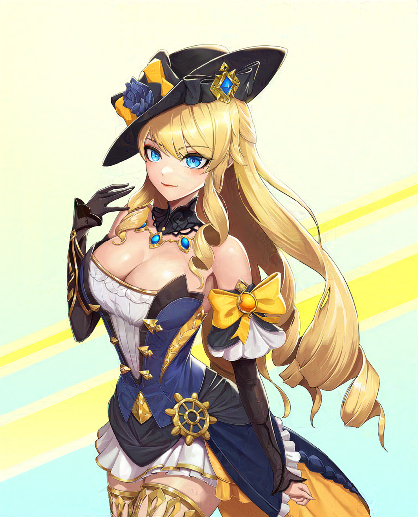 1girl bare_shoulders black_choker black_gloves black_headwear blonde_hair blue_dress blue_eyes bow choker commentary_request cowboy_shot detached_sleeves dress drill_hair drill_sidelocks genshin_impact gloves hand_up highres long_hair long_sleeves looking_at_viewer navia_(genshin_impact) sidelocks simonz1987 smile solo standing strapless strapless_dress thighs very_long_hair yellow_bow