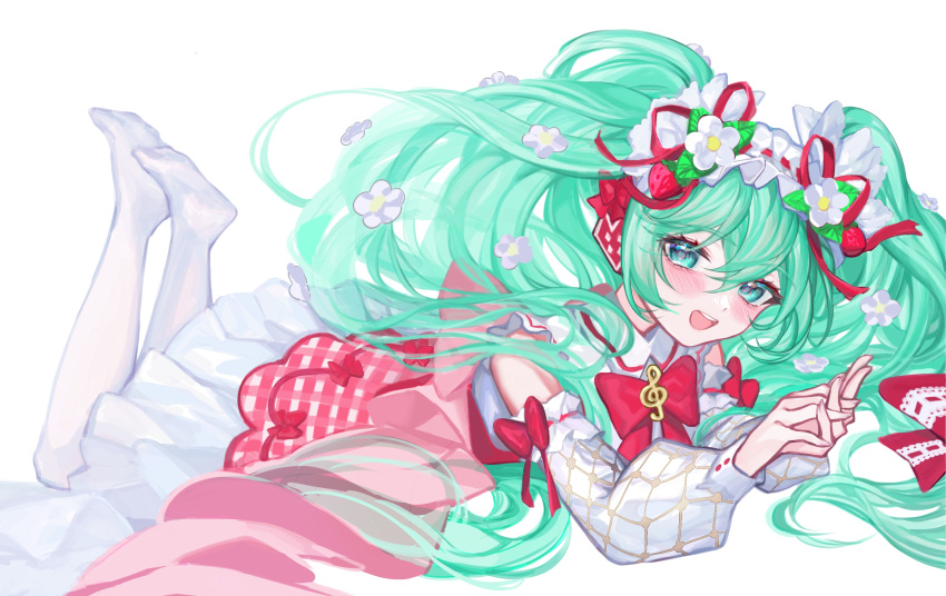 1girl absurdres aqua_hair back_bow blue_eyes blush bow detached_sleeves dress flower food fruit hair_flower hair_ornament hairband hatsune_miku highres lolita_hairband long_hair long_sleeves looking_at_viewer lying maccha_(udva5383) no_shoes on_stomach open_mouth own_hands_together ribbon sleeveless sleeveless_dress smile socks solo strawberry strawberry_miku_(morikura) treble_clef twintails very_long_hair vocaloid