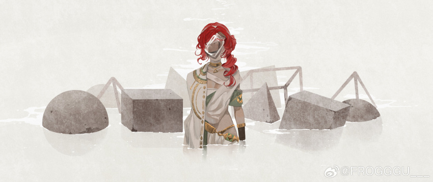 1girl ancient_greek_clothes ball covered_face cube drill_hair facing_viewer floating frogggu geometric_solid greco-roman_clothes hair_bun highres jar medium_hair paper partially_submerged red_hair reverse:1999 single_side_bun solo sophia_(reverse:1999) standing upper_body water weibo_logo weibo_username white_background wide_shot
