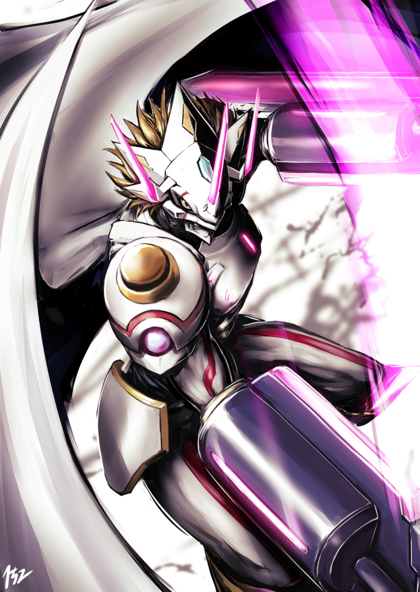 152_in_can arm_blade arm_cannon armor artist_logo blonde_hair colored_skin covered_mouth digimon digimon_ghost_game dragon full_armor glowing glowing_horns glowing_sword glowing_weapon highres horns looking_at_viewer no_humans short_hair siriusmon spiked_hair spread_wings swing sword weapon white_skin wings yellow_eyes