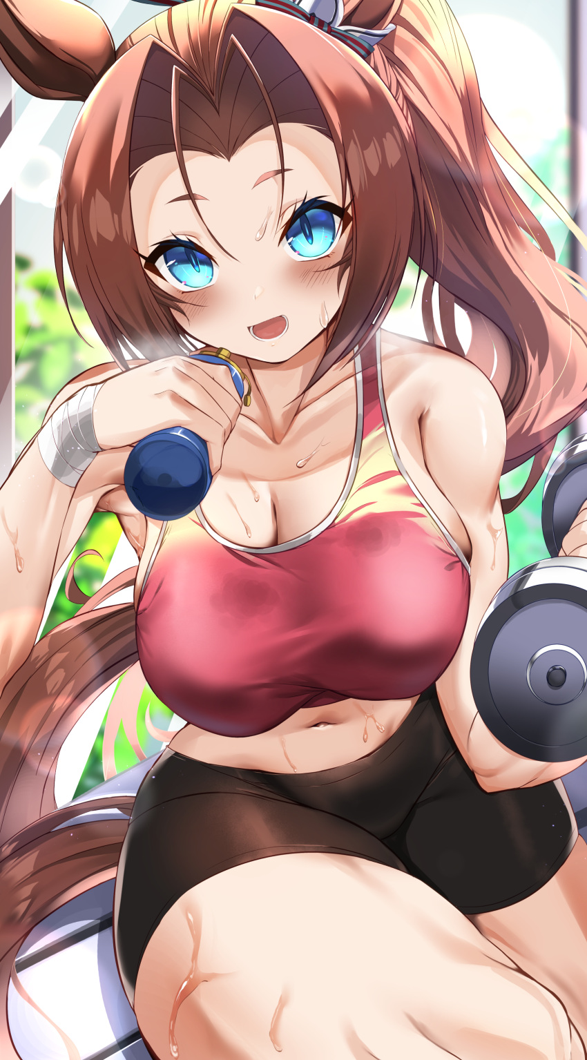 1girl absurdres alternate_costume animal_ears armpits bare_shoulders bike_shorts blue_eyes bottle bow breasts brown_hair cleavage collarbone commentary_request day dumbbell ear_bow ear_ornament foreshortening hair_between_eyes hair_intakes hand_wraps highres holding holding_bottle holding_dumbbell horse_ears horse_girl horse_tail indoors kawakami_princess_(umamusume) large_breasts long_hair looking_at_viewer lower_teeth_only maou_(maoudaisukiya) midriff navel open_mouth parted_bangs pink_sports_bra ponytail shadow sidelocks sitting skindentation solo sports_bra steam sweat tail teeth umamusume water_bottle wet wet_clothes window