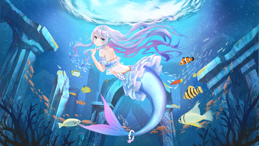 1girl absurdres air_bubble blue_hair bubble coral doris_(hololive) fins fish head_fins highres hololive long_hair looking_at_viewer looking_back mermaid monster_girl qi_xuan skirt solo tiara underwater virtual_youtuber