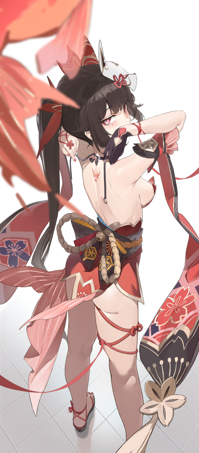 1girl absurdres bare_shoulders bell berserker_r black_choker bow breasts brown_hair choker dress fox_mask hair_bow highres honkai:_star_rail honkai_(series) long_hair looking_at_viewer looking_back mask mask_on_head medium_breasts open_mouth pink_eyes red_bow red_dress sideboob sleeveless solo sparkle_(honkai:_star_rail) thighs twintails