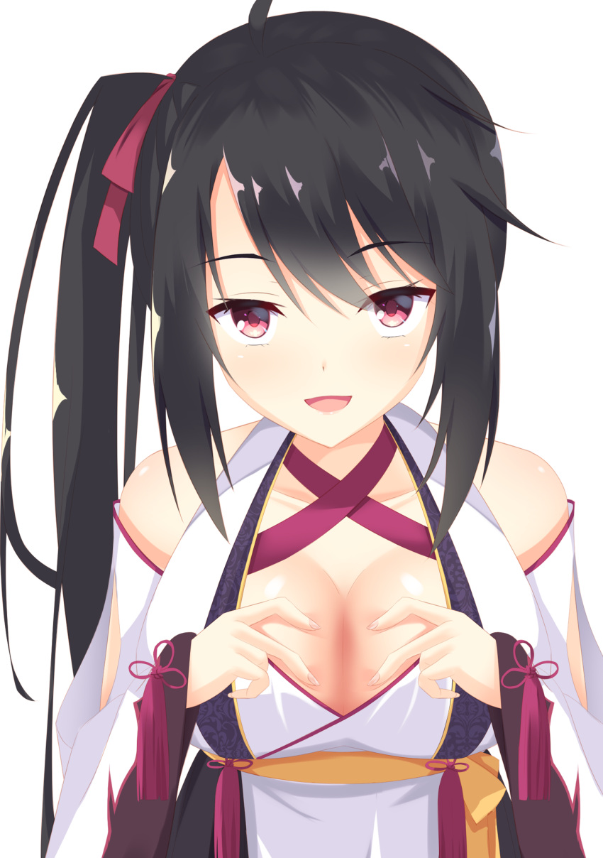 1girl :d absurdres ahoge bare_shoulders black_hair blush breasts calamity_saika cleavage collarbone colored_eyelashes commentary criss-cross_halter detached_sleeves fingernails hair_ribbon halterneck hands_on_own_chest hands_up highres hoshikawa_kaguya japanese_clothes kimono large_breasts long_hair long_sleeves looking_at_viewer nontraditional_miko open_mouth presenting_breasts red_eyes red_ribbon red_tassel ribbon seductive_smile side_ponytail simple_background skindentation sleeveless sleeveless_kimono smile solo straight-on swept_bangs tenshi_souzou_re-boot! tsurime upper_body upturned_eyes very_long_hair white_background white_kimono wide_sleeves