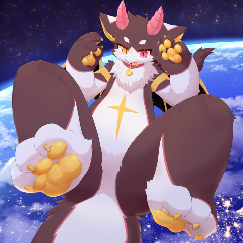 1:1 2023 3_toes 4_fingers absurd_res anthro arm_tuft biped black_wings brown_body brown_ears brown_fur brown_tail chest_markings claws cloud collar collar_only collar_tag colored countershade_face countershade_fur countershade_tail countershade_torso countershading cute_fangs digital_media_(artwork) dragon earth featureless_crotch feet fingers floating front_view full-length_portrait fur furred_dragon glistening glistening_pawpads gloves_(marking) heterochromia hi_res hindpaw horn kemono leg_markings looking_at_viewer male mammal markings membrane_(anatomy) membranous_wings midair multicolored_ears multicolored_tail mythological_creature mythological_scalie mythology neck_tuft night nude open_mouth open_smile outside pawpads paws pink_horn planet portrait pupils red_eyes ridged_horn scalie shaded shoulder_tuft sky slit_pupils smile socks_(marking) solo space spacescape star starry_sky tail thick_tail toe_claws toes tongue tuft two_tone_tail two_tone_wings white_body white_countershading white_ears white_fur white_tail wings yakimo yellow_body yellow_claws yellow_eyes yellow_fur yellow_inner_ear yellow_markings yellow_pawpads yellow_tongue yellow_wings