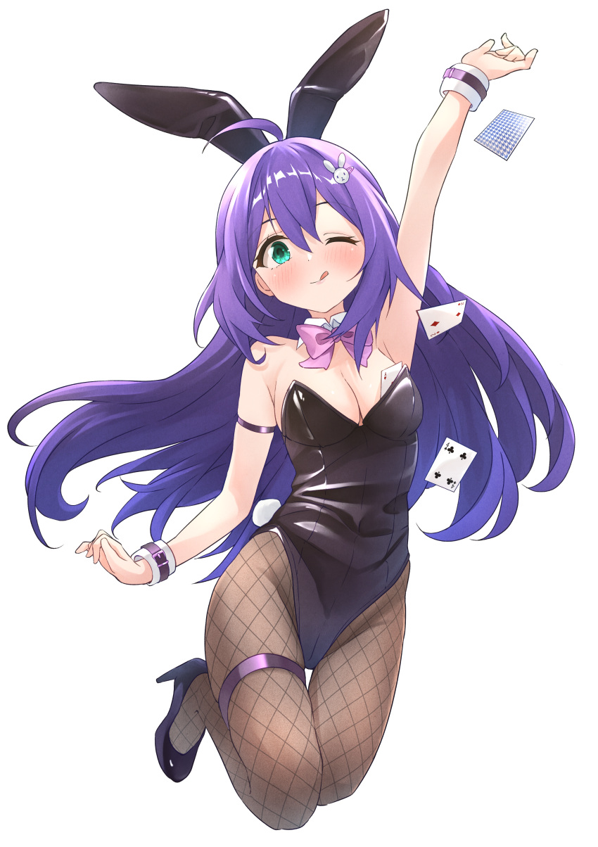 1girl ;q absurdres ahoge alternate_costume animal_ear_hairband animal_ears arm_strap arm_up armpits b1ack_illust black_footwear black_leotard black_pantyhose blush bow bowtie breasts card cleavage detached_collar fake_animal_ears fishnet_pantyhose fishnets hairband high_heels highres idolmaster idolmaster_million_live! legs_folded leotard looking_at_viewer medium_breasts mochizuki_anna one_eye_closed pantyhose pink_bow pink_bowtie playboy_bunny playing_card purple_hair rabbit_ear_hairband rabbit_ears simple_background smile solo strapless strapless_leotard thigh_strap tongue tongue_out white_background