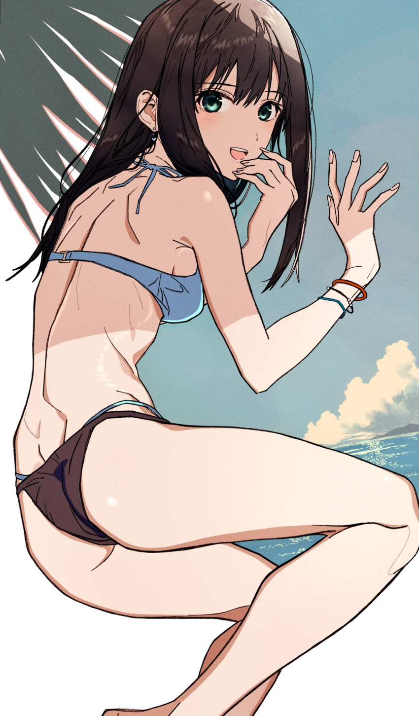 1girl ass bare_back bare_shoulders bikini bloom_into_me15 blue_bikini blush breasts brown_hair earrings green_eyes highres idolmaster idolmaster_cinderella_girls jewelry long_hair looking_at_viewer looking_back medium_breasts ocean open_mouth shibuya_rin solo swimsuit thighs thong